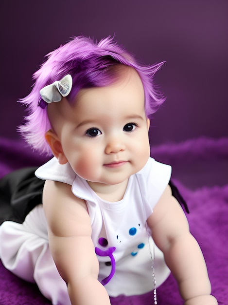 A baby with purple hair and a bow on her head