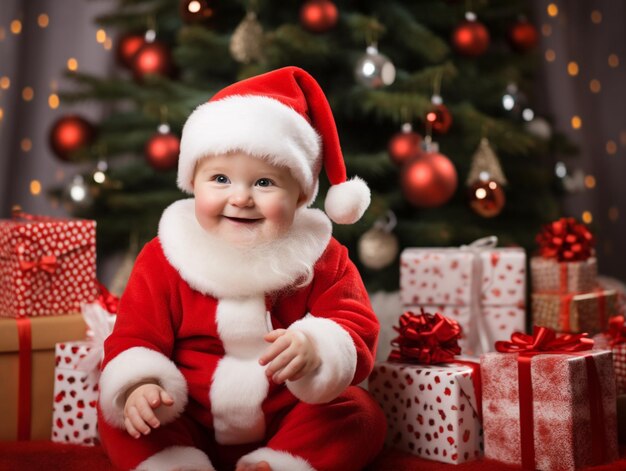 Foto bambino con cappello di babbo natale e sfondo natalizio ia generativa