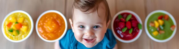 A baby with several rainbow colored bowls in front of him