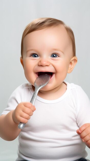 Photo a baby with a spoon in its mouth