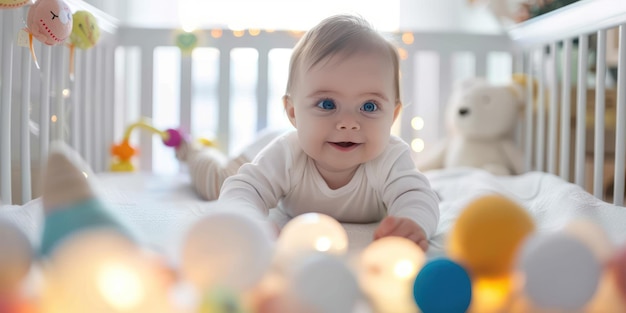 Baby with toys in crib Warm Lighting