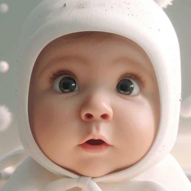 A baby with a white hood and a white hat is looking at the camera.