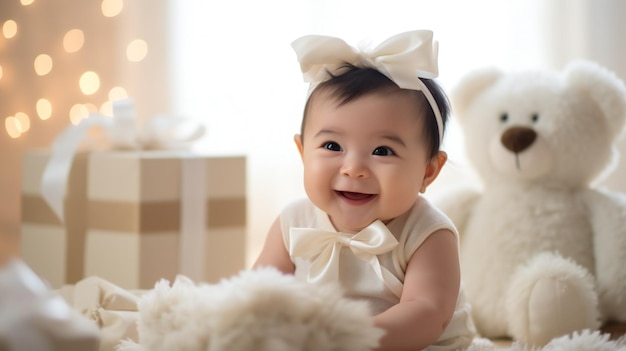 A baby with a white teddy bear