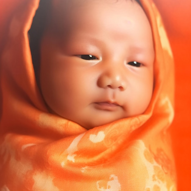 a baby with a yellow and orange scarf
