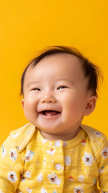 a baby with a yellow shirt that says baby on it