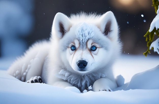 Baby wolf in snow baby husky in snow White color wolf baby in snow