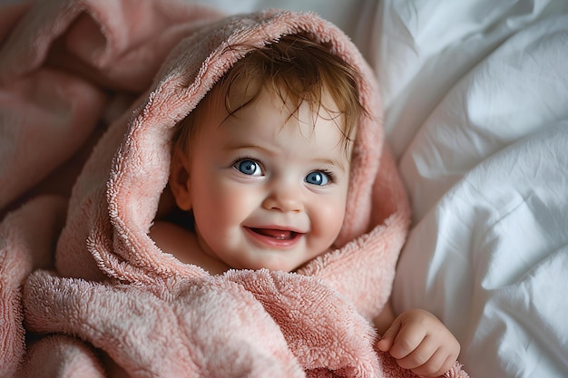 A baby wrapped up in a sheet with blue eyes smiles