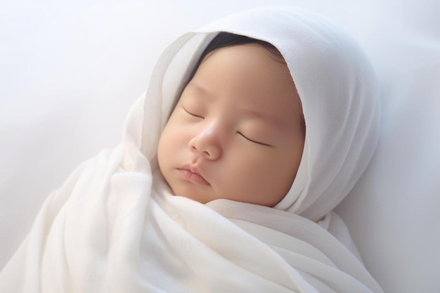 a baby wrapped in a white blanket with the eyes closed.