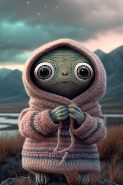 Baby Yoda in een trui met grote ogen