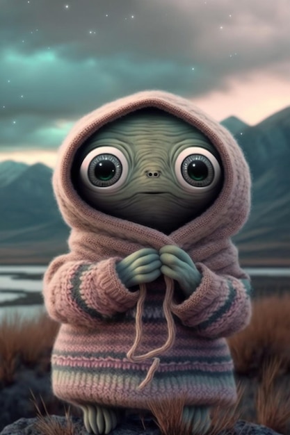 Baby yoda in a sweater with big eyes