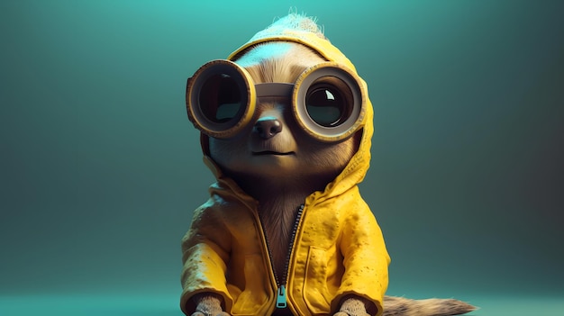 A baby yoda wearing a yellow jacket sits in front of a blue background