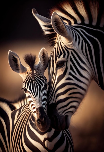 Baby zebra nuzzling up to its mother generative ai