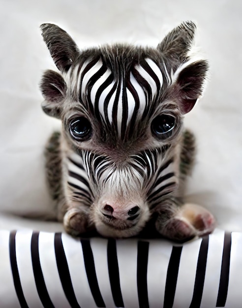 Baby zebra sitting on top of a pillow