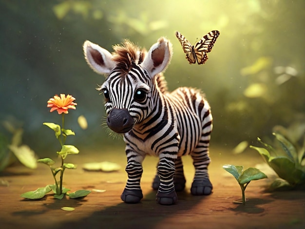 Baby zebra speelt met vlinder