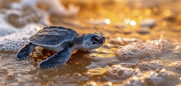 Baby zeeschildpad op weg naar de oceaan bij zonsopgang