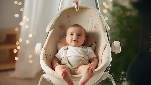 Baby zit in een schommelstoel Onschuld en vreugde in een veilige en rustgevende omgeving Baby-items