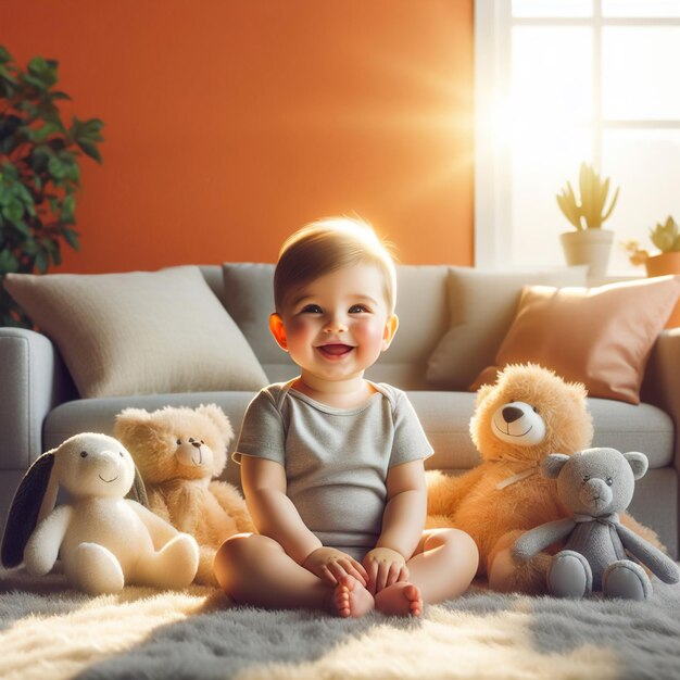 baby zit op een bank met knuffeldieren