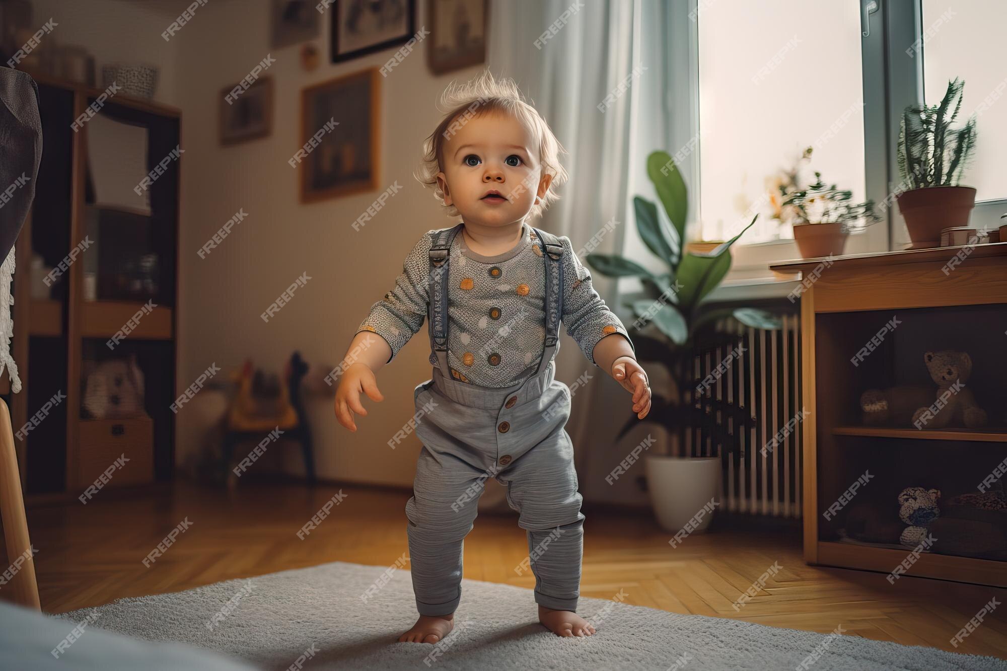 I primi passi del bimbo bambino ad imparare a camminare nella stanza  vivente. Calzature per bambini piccoli Foto stock - Alamy