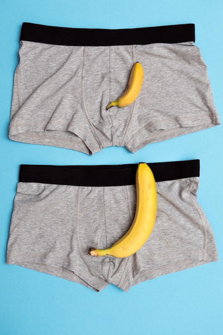 Foto babybanaan vergelijk grootte met grote banaan op mannelijk slipje op blauwe achtergrond