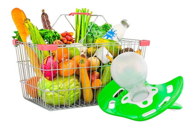 Babyfopspeen met winkelmandje vol producten groenten en fruit 3D-rendering