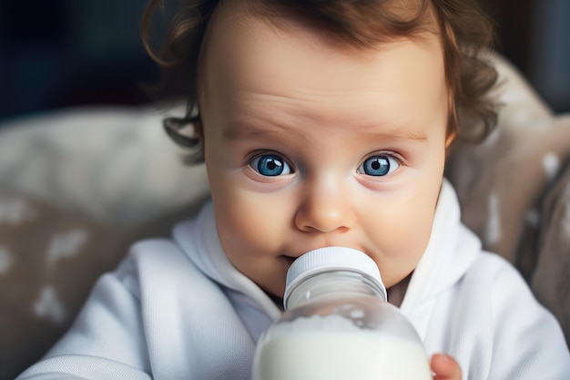 babyjongen die melk drinkt uit zijn babyfles