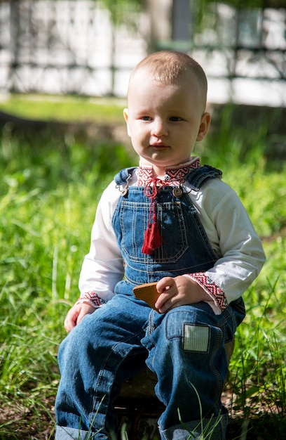 Babyjongen in Oekraïense vyshyvanka in het park