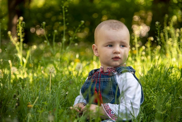 Babyjongen in Oekraïense vyshyvanka in het park