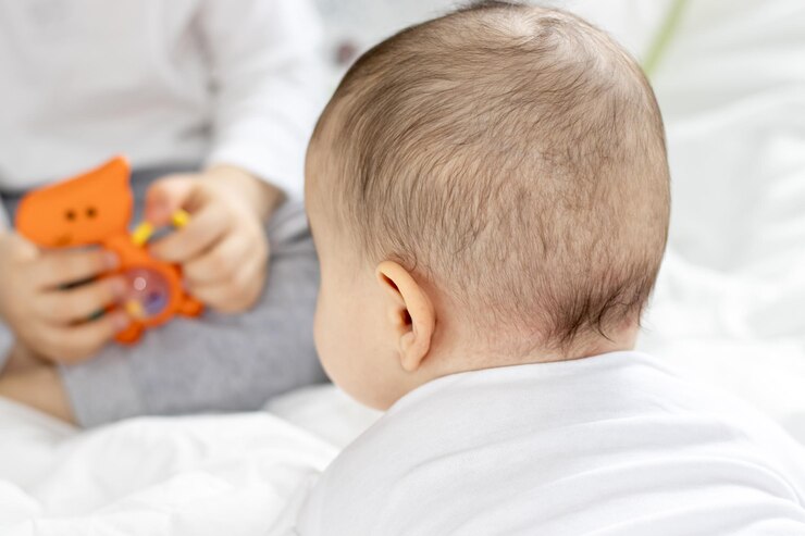 babyjongen van achteren en zijn grote broer vooraan wordt hem wat speelgoed voor peuters getoond broer