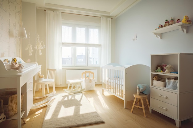 Babykamer gevuld met natuurlijk zonlicht dat warmte en comfort brengt, gecreëerd met generatieve AI