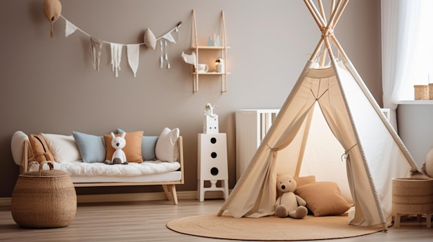 Babykamer met wieg en speeltent