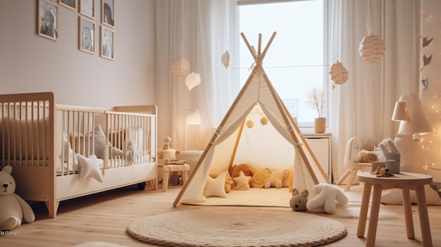 Babykamer met wieg en speeltent