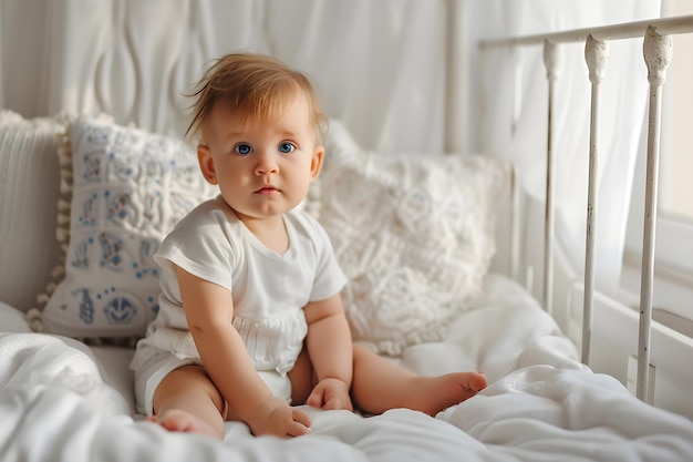 babykind zittend op het witte babybedje over witte kamer backgro