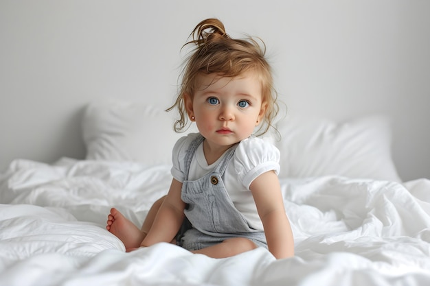 babykind zittend op het witte babybedje over witte kamer backgro