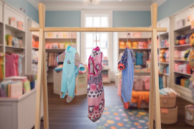 Babykleertjes hangen aan rek in winkel winkelconcept kinderkleding op een hanger gekleurde winkel