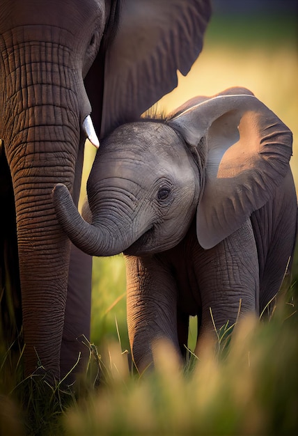 Babyolifant speelt met zijn moeder in een grasveld generatieve ai