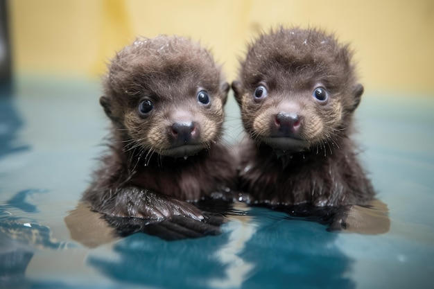 Babyotters drijven hand in hand op het water terwijl ze naar de camera kijken die is gemaakt met generatieve AI