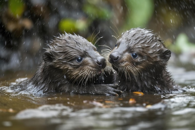 Babyotters spelen en worstelen in het water hun glinsterende natte vacht met generatieve ai