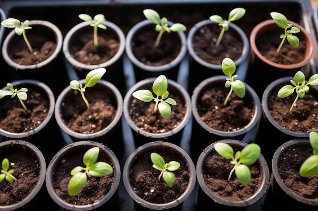 Foto babyplanten zaaien in bloempotten voorjaarsplanting vroege zaailingen gegroeid uit zaden in potten thuis