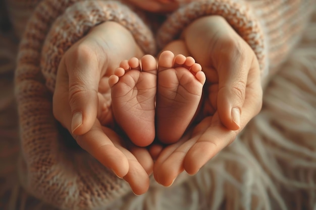 A babys feet are being held in a mothers arms