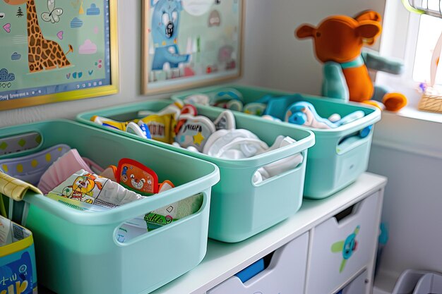 A babys playroom with toy bins and toys