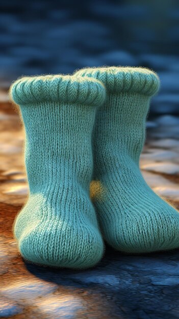 Photo the babys small wool socks in pastel green blue appear quite cozy generative ai