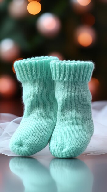 Photo the babys small wool socks in pastel green blue appear quite cozy generative ai