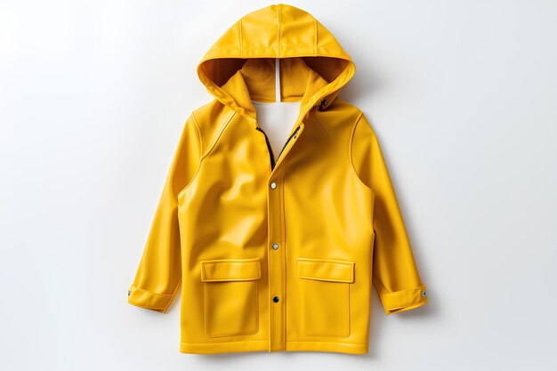 Photo the babys yellow rain jacket is hanging on a white surface