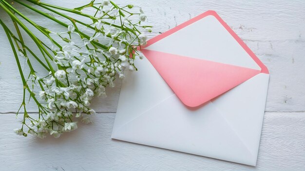 Babysbreath flowers and pink and white envelope on white background