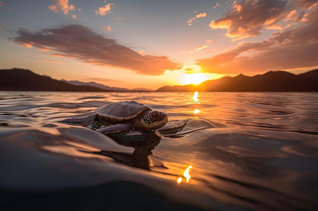 Babyschildpad die in de oceaan zwemt met uitzicht op de zonsondergang gemaakt met generatieve ai