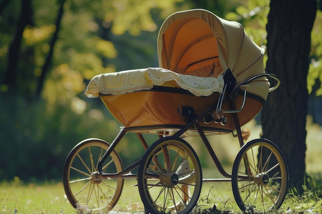 Foto babywagentje zit in het gras naast een boom geschikt voor familie- en natuurthema's