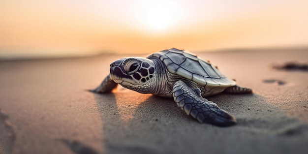 Babyzeeschildpad die op het strand naar de oceaan kruipt met de ondergaande zon op de achtergrond Generatieve AI