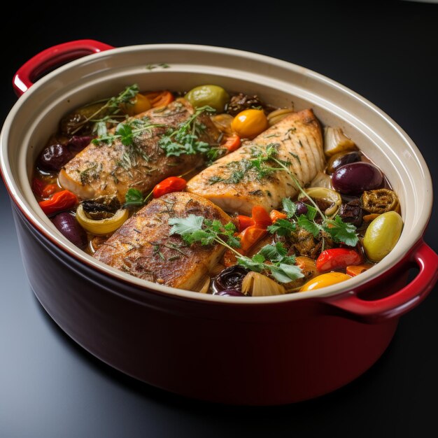 Foto bacalao a la vizcaina baskische kabeljauw bereid met een saus van tomaten pepers en uien