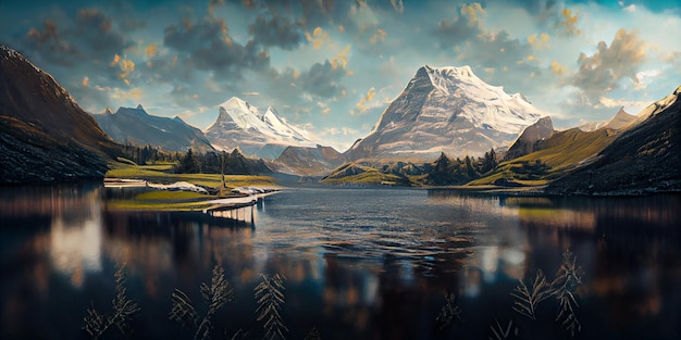 Bachalpsee lake. Highest peaks Eiger, in famous location. Switzerland alps - Grindelwald valley