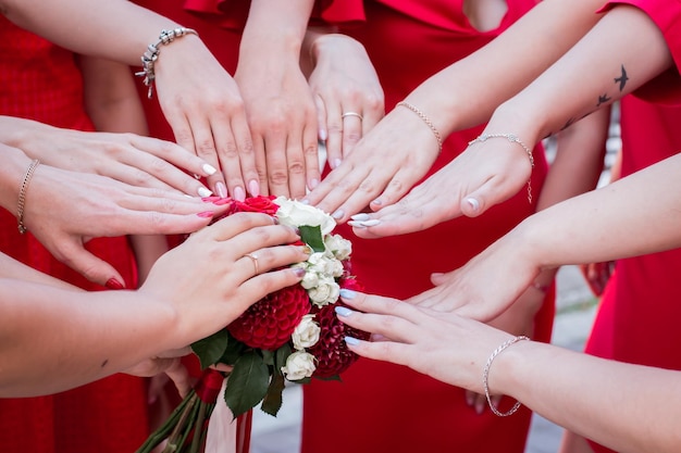 At a bachelorette party, girls take a photo together with a manicure